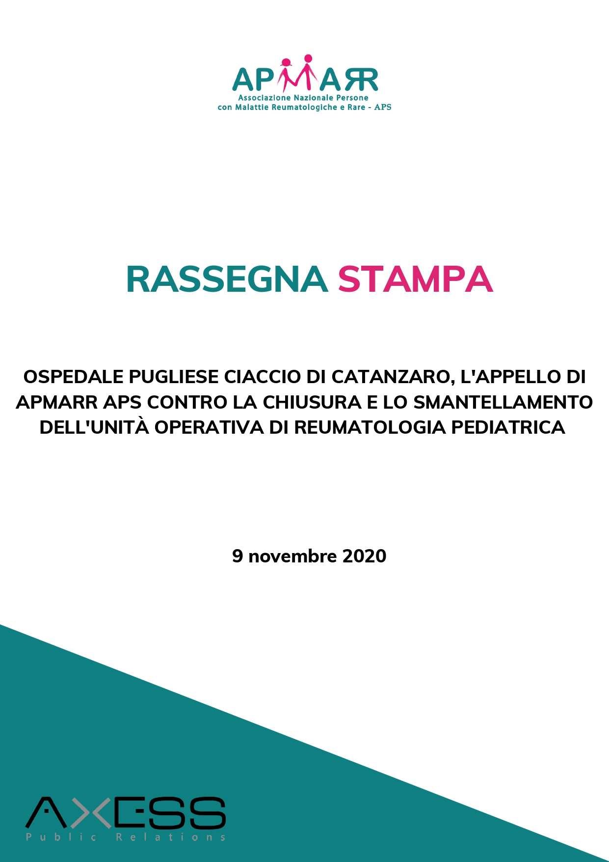 RASSEGNA STAMPA Appello di APMARR APS contro la chiusura dell’Unità Operativa di Reumatologia pediatrica dell’Ospedale Pugliese Ciaccio di Catanzaro