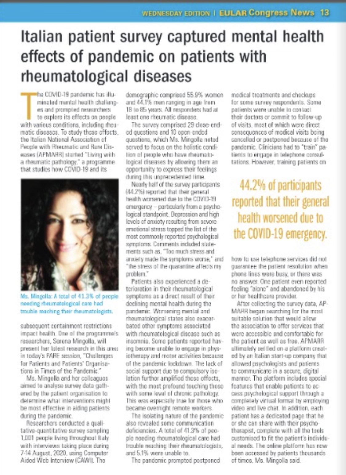 EULAR 2021, la ricerca di Apmarr premiata come miglior abstract nella categoria associazioni pazienti