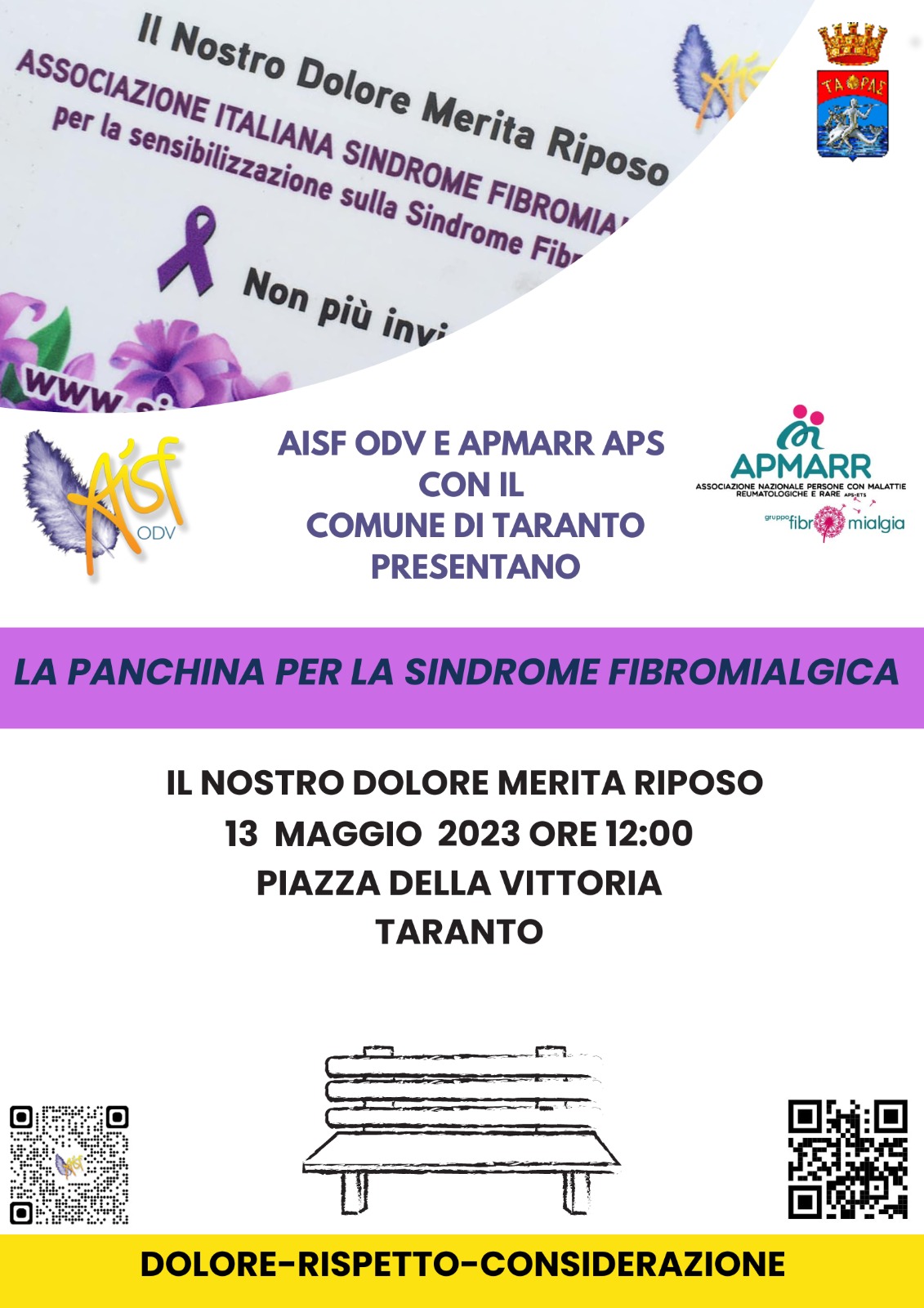 A TARANTO LA PANCHINA VIOLA PER LA SINDROME FIBROMIALGICA