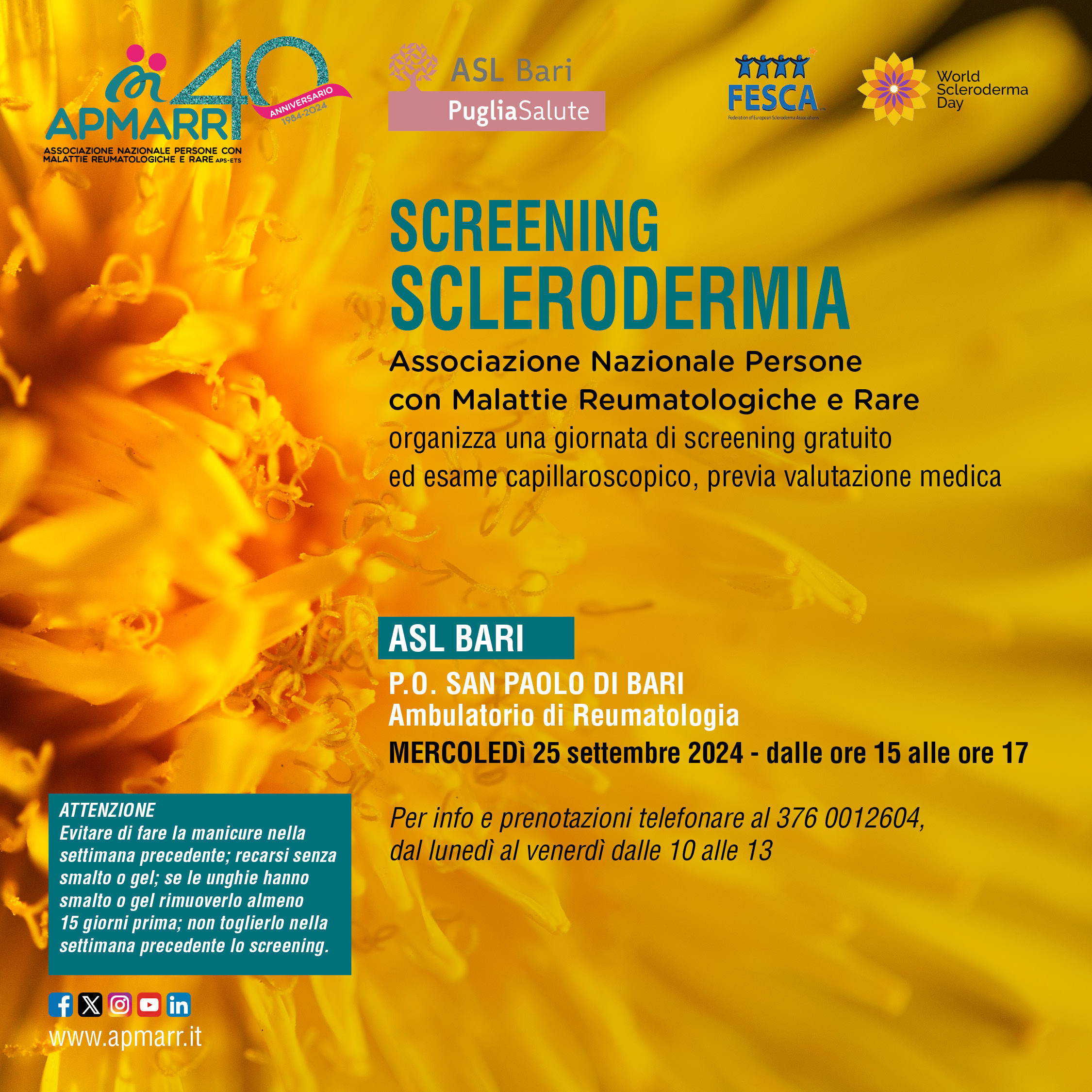 APMARR organizza uno screening gratuito per la sclerodermia a Bari